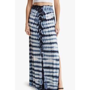 GO COUTURE Tie Dye Slit Long Maxi Skirt Medium Blue White Ruffled Waist Hippie